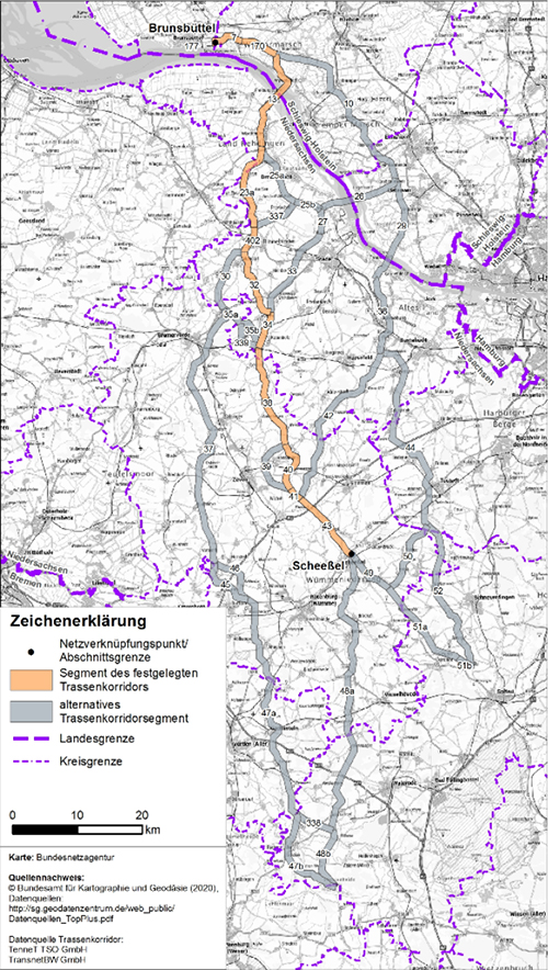 Abbildung 10: Darstellung des festgelegten Trassenkorridors für das Vorhaben 3 BBPlG, Abschnitt A