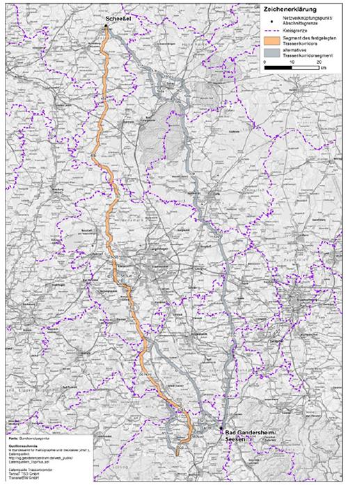 Abbildung 11: Darstellung des festgelegten Trassenkorridors für das Vorhaben 3 BBPlG, Abschnitt B