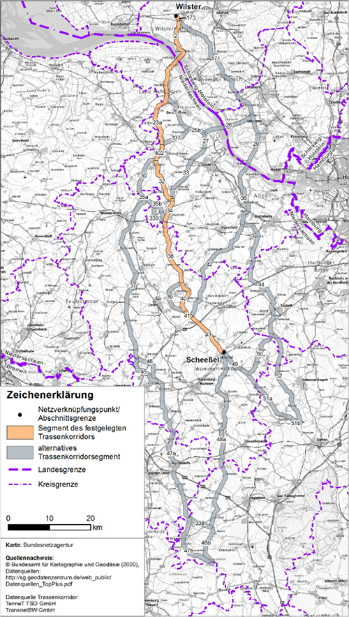 Abbildung 15: Darstellung des festgelegten Trassenkorridors für das Vorhaben 4 BBPlG, Abschnitt A