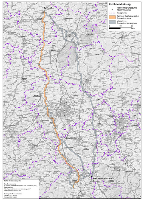 Abbildung 16: Darstellung des festgelegten Trassenkorridors für das Vorhaben 4 BBPlG, Abschnitt B