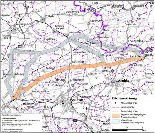 Abbildung 26: Darstellung des festgelegten Trassenkorridors für das Vorhaben 13 BBPlG, Abschnitt West