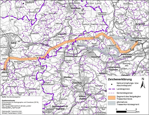 Abbildung 28: Darstellung des festgelegten Trassenkorridors für das Vorhaben 14 BBPlG, Abschnitt Ost