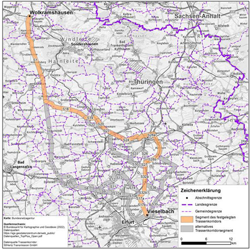 Abbildung 32: Darstellung des festgelegten Trassenkorridors für das Vorhaben 44 BBPlG, Abschnitt Süd