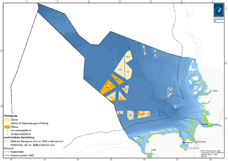 Abbildung 33: Darstellung der im FEP 2020 festgelegten Standorte für Konverterplattformen. Quelle: Bundesamt für Seeschifffahrt und Hydrographie.