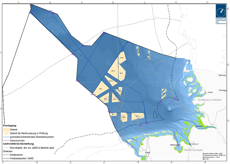 Abbildung 35: Darstellung der genehmigten und geplanten grenzüberschreitenden Seekabelsysteme aus dem FEP 2020. Quelle: Bundesamt für Seeschifffahrt und Hydrographie.