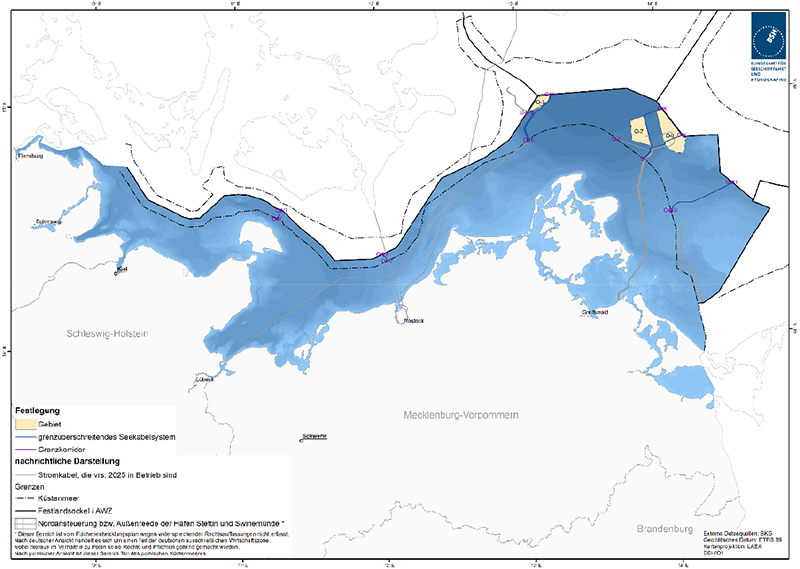 Abbildung 39: Darstellung der genehmigten und geplanten grenzüberschreitenden Seekabelsysteme aus dem FEP 2020. Quelle: Bundesamt für Seeschifffahrt und Hydrographie.