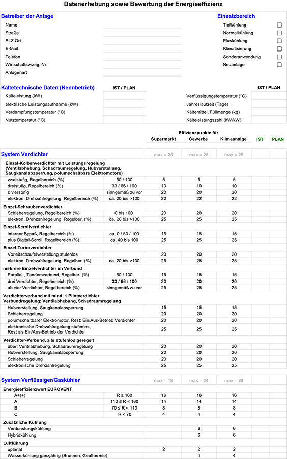 Muster Formblatt „Datenerhebung sowie Bewertung der Energieeffizienz – Seite 1: System Verdichter und System Verflüssiger/Gaskühler“