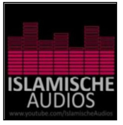 Islamische Audios nutzt als Vereinskennzeichen stilisierte Audioamplituden in roter Farbe. Darunter befindet sich der in weiß gehaltene Schriftzug Islamische Audios vor schwarzem Hintergrund.