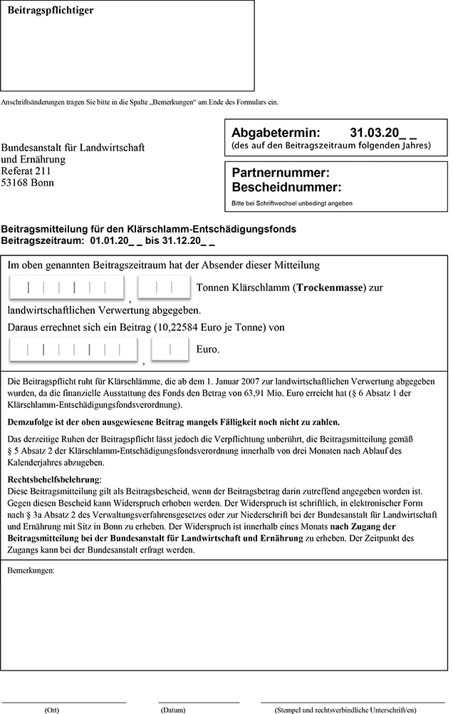 Muster zur Beitragsmitteilung für den Klärschlamm-Entschädigungsfonds