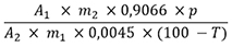 Groß A Index eins mal klein m Index zwei mal null Komma neun null sechs sechs mal klein p geteilt durch groß A Index zwei mal klein m Index eins mal null Komma null null vier fünf mal Klammer auf einhundert minus groß T Klammer zu.