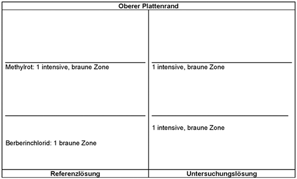 Das Chromatogramm der Referenzlösung zeigt im unteren Drittel der DC-Platte die braune Zone des Berberinchlorids und im mittleren Drittel die intensive, braune Zone des Methylrots. Das Chromatogramm der Untersuchungslösung zeigt die folgenden Zonen: Oberhalb von Berberinchlorid eine intensive, braune Zone und auf Höhe des Methylrots eine weitere intensive, braune Zone.