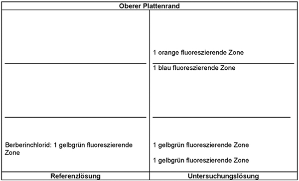 Das Chromatogramm der Referenzlösung zeigt im unteren Drittel der DC-Platte die gelbgrün fluoreszierende Zone des Berberinchlorids. Das Chromatogramm der Untersuchungslösung zeigt die folgenden Zonen: Auf Höhe des Berberinchlorids eine gelbgrün fluoreszierende Zone, darunter eine weitere gelbgrün fluoreszierende Zone, im mittleren Drittel eine blau fluoreszierende Zone und im oberen Drittel eine orange fluoreszierende Zone.
