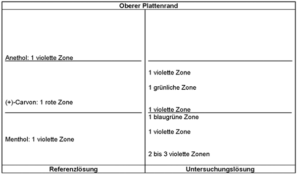 Das Chromatogramm der Referenzlösung zeigt im unteren Drittel der DC-Platte die violette Zone des Menthols, im mittleren Drittel die rote Zone des (+)-Carvons und im oberen Drittel die violette Zone des Anethols. Das Chromatogramm der Untersuchungslösung zeigt die folgenden Zonen: Unterhalb von Menthol zwei bis drei violette Zonen und oberhalb eine weitere violette Zone. Am Übergang zum mittleren Drittel eine blaugrüne und darüber eine violette Zone. Oberhalb von (+)-Carvon liegt eine grünliche Zone und darüber eine violette Zone.