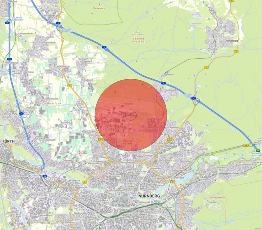 Kartendarstellung der Lage der Flugsicherungseinrichtung und des Anlagenschutzbereichs