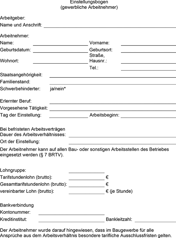 Einstellungsbogen für gewerbliche Arbeitnehmer