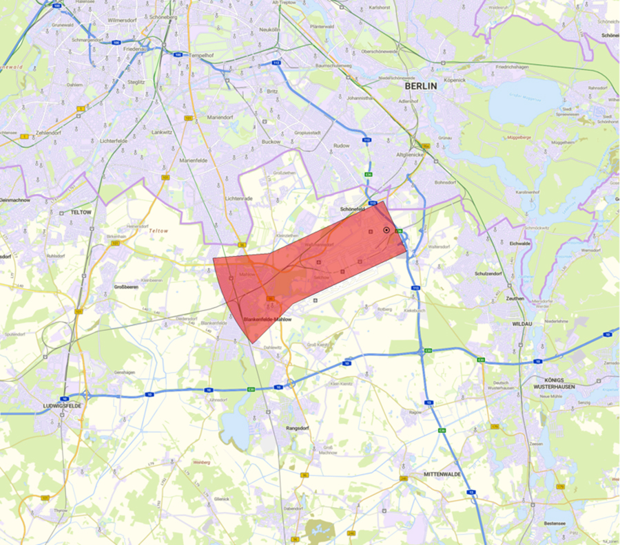 Kartendarstellung der Lage der Flugsicherungseinrichtung und des Anlagenschutzbereichs