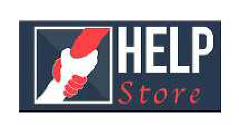 In einem Viereck reichen sich zwei Hände um die Handgelenke, daneben in zwei Zeilen der Text Help in Versalien und Store in kursiver Schrift.