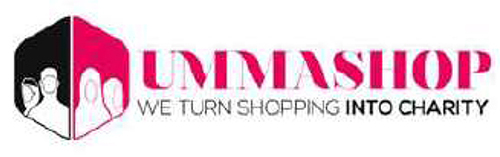 Links im Bild zwei gespiegelte Trapeze mit stilisierten Personen darin, links zwei männliche, rechts zwei weibliche, daneben der Text Ummashop, darunter weiter we turn shopping into charity; alles in Versalien.