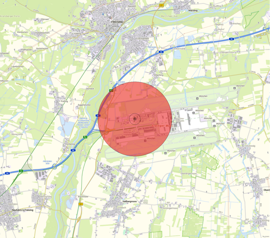 Kartendarstellung der Lage der Flugsicherungseinrichtung und des Anlagenschutzbereichs