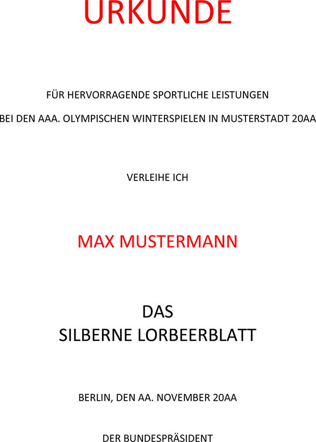Mustertext einer Verleihungsurkunde für Sportlerinnen und Sportler
