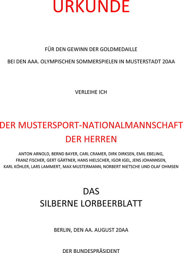 Mustertext einer Mannschaftsurkunde