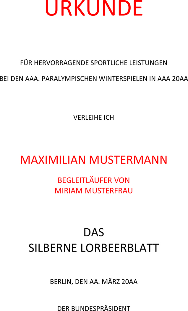 Mustertext einer Verleihungsurkunde für Begleitsportlerinnen und Begleitsportler