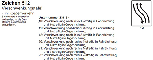 Zeichen 512 Verschwenkungstafel – mit Gegenverkehr. Beispielhafte bildliche Darstellung des rechteckigen, weißen Verkehrszeichens mit zwei Fahrtrichtungs- und einem Gegenrichtungspfeil, Verschwenkung nach links. Mögliche weitere Varianten nach links und rechts sind aufgeführt. Für weitere Fahrstreifen gilt entsprechendes.