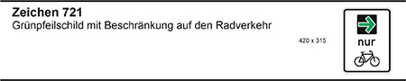 Zeichen 721 Grünpfeilschild mit Beschränkung auf den Radverkehr. Bildliche Darstellung des rechteckigen, weißen Verkehrszeichens mit untereinander angeordnetem Grünpfeilschild, mit dem Wort „nur“ und dem Piktogramm „Radverkehr“, Größe 420 x 315