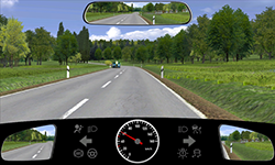 Sie fahren außerorts mit 60 km/h. Auf der Gegenfahrbahn steht ein Pkw in einer Kurve, der anscheinend eine Panne hat. Eine Person mit Warnweste steht vor dem Pkw.