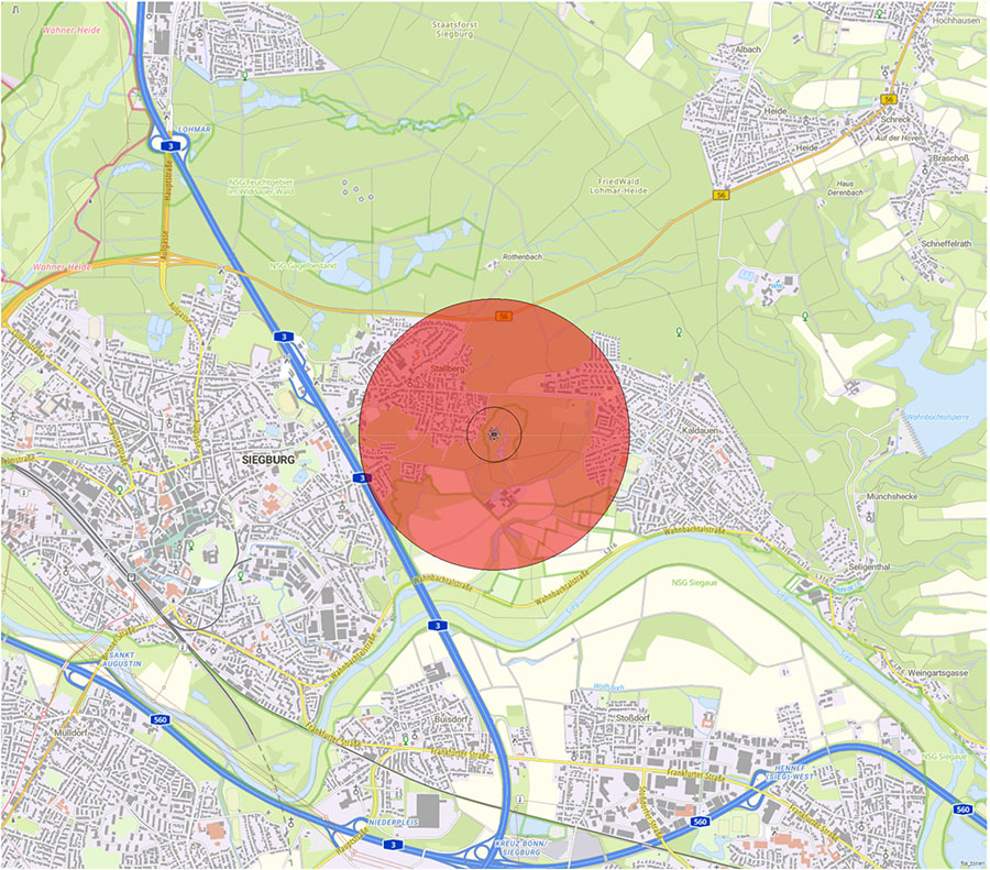 Kartendarstellung der Lage der Flugsicherungseinrichtung und des Anlagenschutzbereichs