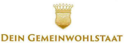Goldenes Logo des Königreich Deutschland in der eingangs beschriebenen Kronenform. Darunter der goldene Schriftzug DEIN GEMEINWOHLSTAAT in großen Druckbuchstaben.