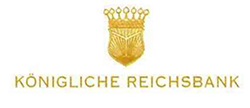 Goldenes Logo des Königreich Deutschland in der eingangs beschriebenen Kronenform. Darunter der goldene Schriftzug KÖNIGLICHE REICHSBANK in großen Druckbuchstaben.