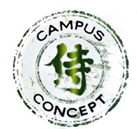 Darstellung eines Schriftzeichens in Grün, umgeben von zwei grünen Kreisen. Zwischen den Kreisen ist der Schriftzug CAMPUS CONCEPT zu sehen. In der Mitte befindet sich ein grünes asiatisches Symbol.