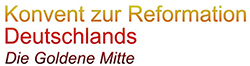 Schriftzüge Konvent zur Reformation Deutschlands sowie Die Goldene Mitte. Der Farbverlauf der Schriftzüge verläuft fließend von gold zu rot zu schwarz.