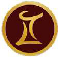 Turmförmiges Symbol in Gold umgeben von einem goldenen Kreis in dunkelbraunem Hintergrund.