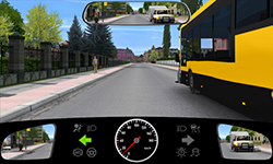 Sie befahren eine Straße innerorts mit etwa 10 km/h und überholen einen haltenden Bus. Auf dem Radweg in Gegenrichtung befindet sich eine Radfahrerin.