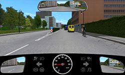 Sie befahren eine Straße innerorts mit etwa 40 km/h. Zwischen Ihrer Fahrbahn und der des Gegenverkehrs befindet sich eine bauliche Trennung. Am rechten Fahrbahnrand hat ein Fahrzeug vor Ihnen gerade hinter einem stehenden Lkw angehalten. Ebenfalls am rechten Fahrbahnrand fährt ein Radfahrer, der sich hinter dem anhaltenden Fahrzeug befindet.