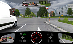 Sie befahren eine Straße innerorts mit 20 km/h. Ein Radfahrer, der die Straße bei Rot überquert, ist von den auf der Linksabbiegerspur wartenden Fahrzeugen nahezu komplett verdeckt.