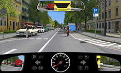 Sie fahren innerorts mit etwa 15 km/h direkt hinter einem Radfahrer. Hinter Ihnen befindet sich ein Lkw. An der linken Fahrbahnseite wartet ein Fußgänger auf dem Parkstreifen.