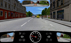 Sie befahren eine Straße innerorts mit 50 km/h. Knapp 50 m vor Ihnen befindet sich eine Verkehrsinsel, die die Fahrbahn verengt. Kurz vor dieser Verkehrsinsel befindet sich ein Radfahrer, der den Schutzstreifen für Radfahrer auf der rechten Seite befährt.