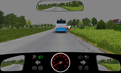 Sie befahren eine Straße außerorts mit etwa 20 km/h. Vor Ihnen befindet sich ein Bus mit eingeschaltetem Warnblinklicht. Rechts neben dem Bus weist ein Verkehrszeichen auf eine Haltestelle hin.