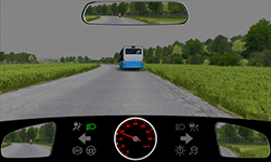 Sie befahren eine Straße außerorts mit 55 km/h. Vor Ihnen fährt ein Bus. Hinter Ihnen befindet sich ein Motorrad.