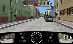 Sie befahren eine Straße innerorts mit 20 km/h. Im Gegenverkehr befindet sich ein Radfahrer. Auf der rechten Fahrbahnseite parken Fahrzeuge.