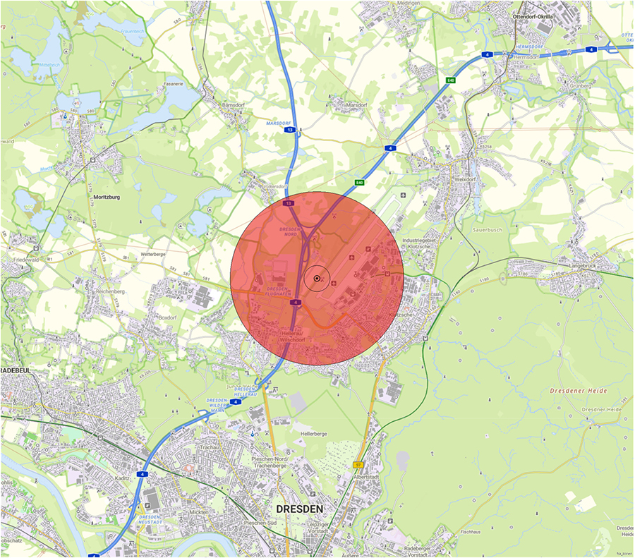 Kartendarstellung der Lage der Flugsicherungseinrichtung und des Anlagenschutzbereichs