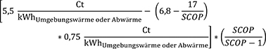 Die Betriebskostenförderung für Wärmepumpen für eine Kilowattstunde genutzter Umgebungswärme oder Abwärme berechnet sich aus dem Produkt des Quotienten aus SCOP durch die Differenz von SCOP minus 1 multipliziert mit der Differenz von 5,5 minus das Produkt aus 0,75 mal der Differenz aus 6,8 minus dem Quotienten aus 17 durch SCOP. Die resultierende Einheit der Betriebskostenförderung ist Cent pro Kilowattstunde genutzter Umgebungswärme oder Abwärme.
