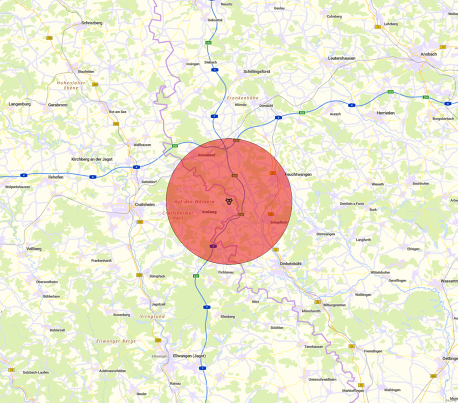Kartendarstellung der Lage der Flugsicherungseinrichtung und des Anlagenschutzbereichs