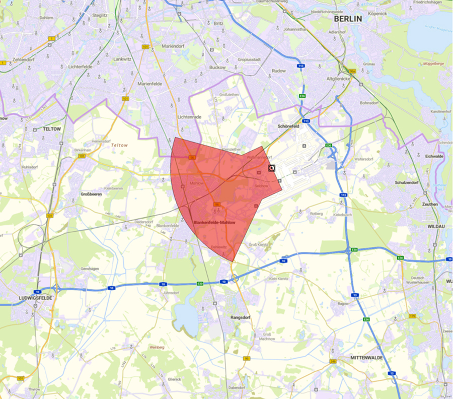 Kartendarstellung der Lage der Flugsicherungseinrichtung und des Anlagenschutzbereichs