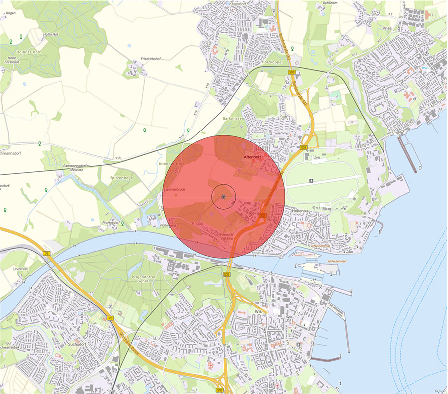 Kartendarstellung der Lage der Flugsicherungseinrichtung und des Anlagenschutzbereichs