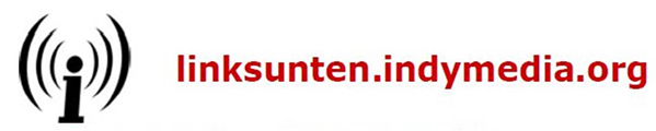 Abgebildet ist der Vereinsname „linksunten.indymedia“ im Schriftzug „linksunten.indymedia.org“ in roter Farbe kombiniert mit der Darstellung des Buchstabens „i“ von dem beidseitig Funkwellen symbolisierende Klammerzeichen abgehen.