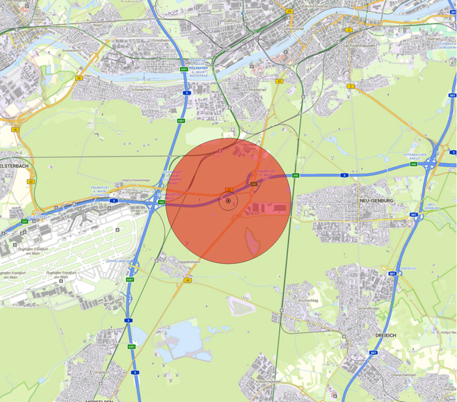 Kartendarstellung der Lage der Flugsicherungseinrichtung und des Anlagenschutzbereichs